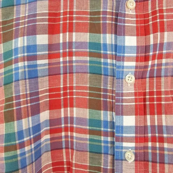 Ralph Lauren Chaps Linen Blend Colorful Plaid Shirt Mens Sz L Preppy Work Casual - Picture 2 of 9